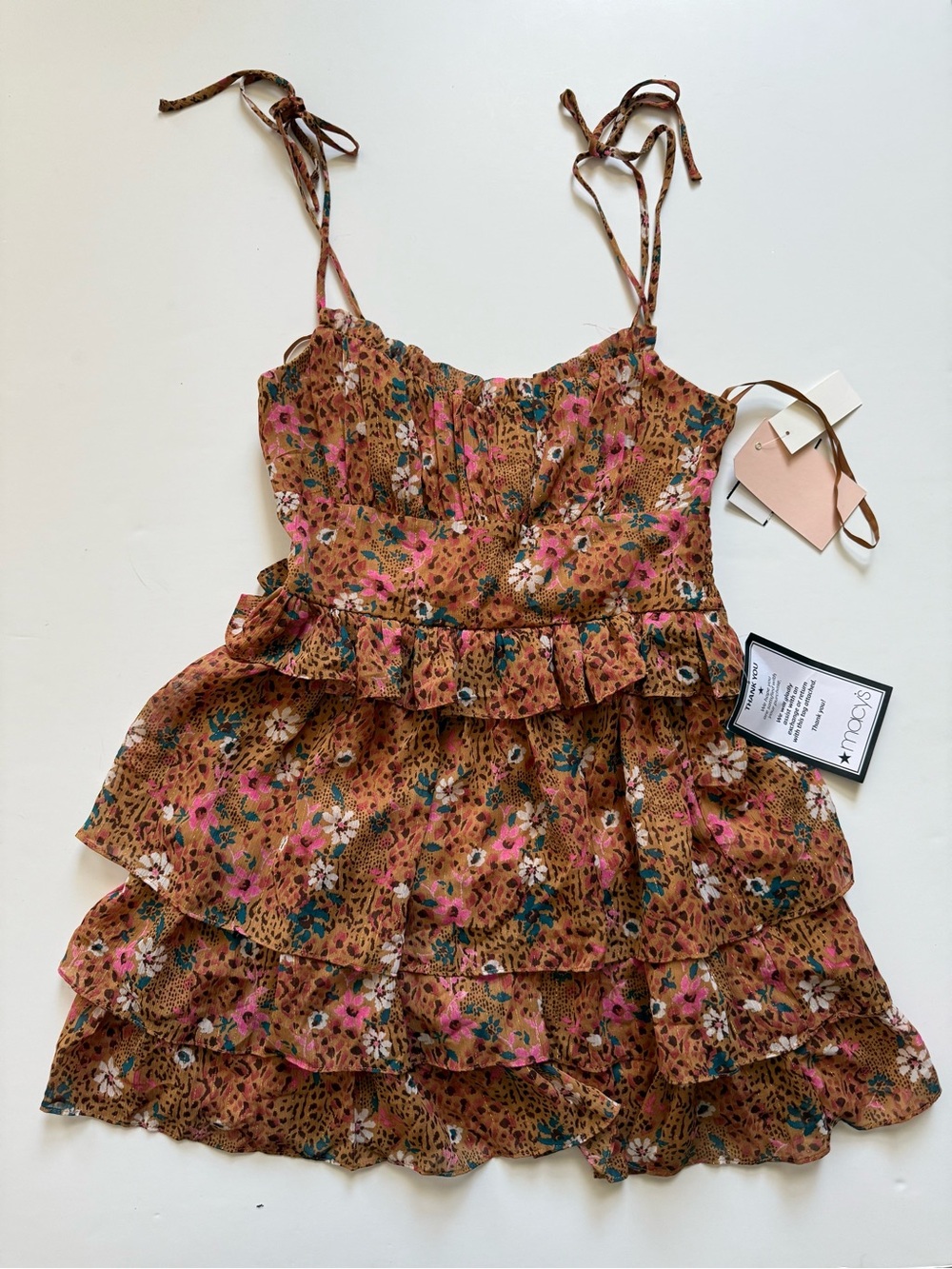 City Studios Brown Floral Ruffled Mini Dress with Pink & Teal Accents